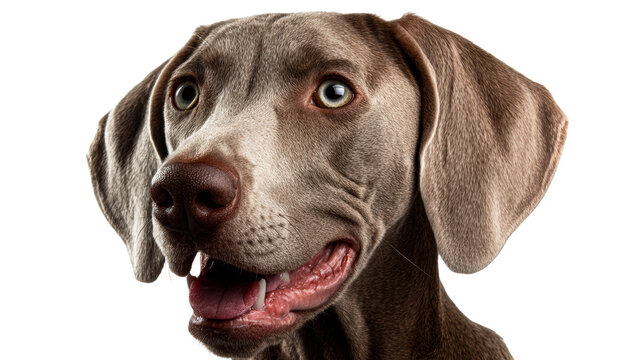 Weimaraner dog face close up with mouth open, cut out transparent