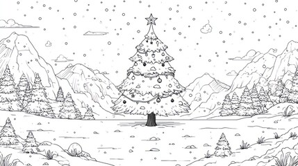 A detailed line art coloring page of a decorated Christmas tree in snowy mountains