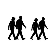 Senior couple walking silhouette vector. Elderly people walking together illustration. Active senior lifestyle silhouette. Healthy aging couple walking outdoors. Mature adults daily exercise vector.