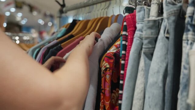 Close up on female hangs looking for clothes in second hand vintage thrift store. Stylish sustainable zero waste fashion wear. Young woman shopping in indoor market for reusable clothes on rack hanger