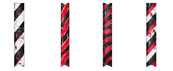 Fototapeta premium Four distressed poles with red, black, and white diagonal stripes