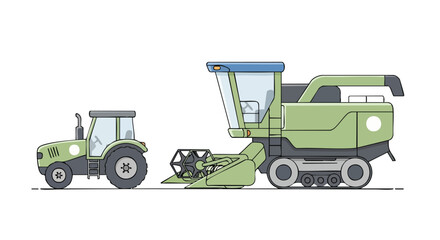 Fototapeta premium Modern Green Tractor and Combine Harvester – Agricultural Machinery Vector Illustration
