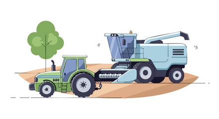 Modern Tractor and Combine Harvester Working in Field – Flat Vector Agriculture Illustration