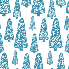 Seamless pattern of stylized blue Christmas trees with white decorative swirls on a white background. Elegant winter holiday design perfect for wrapping paper, textiles, cards, and festive backgrounds