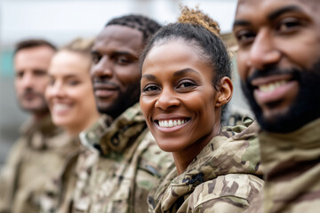 portrait of diverse group of European recruits smiling in new uniforms, unity and pride theme, soft daylight, 