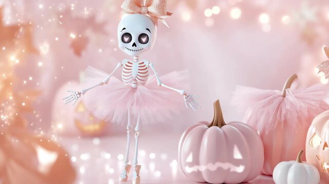 Halloween ballet: A whimsical ballet skeleton with an angelic visage in a pink tutu is in front of the pink pumpkin, embracing the spirit of Halloween.