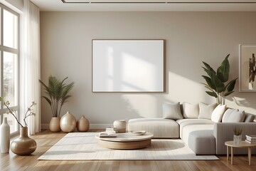 Modern Living Room with Large Blank Canvas Frame on Wall and Minimal Contemporary Interior Design