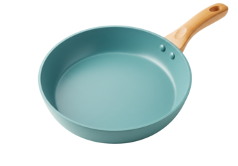 Isolated frying pan with wooden handle for cooking food in kitchen at home, utensils