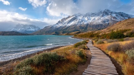 Wooden boardwalk path winding along a turquoise lake with snow-capped mountains and dramatic clouds in the background for travel and nature concept.