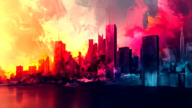 Abstract expressionist cityscape blending warm and cool tones