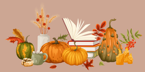 Autumn cozy scene with hot chocolate, pumpkins, books, fall leaves, bookshelf decor. Vector hand drawn illustration for seasonal postcards, home decoration, branding, packaging, thanksgiving designs