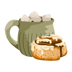 Cup of hot chocolate with marshmallows and cinnamon roll isolated on white background. Vector hand drawn illustration for coffee shop design, menu, cozy autumn decor, stickers, print
