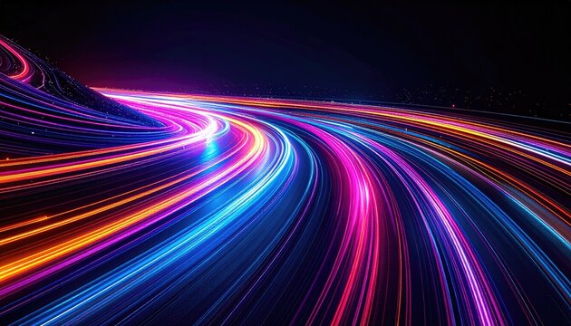 Abstract Light Trails Representing Speed and Technology on a Dark Background with Neon Colors