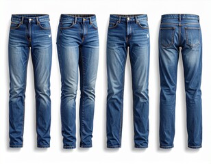 Realistic jeans mockup with detailed stitching, shadows, and washed denim texture, modern streetwear fit, flat lay and on-model options