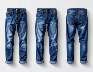 Realistic jeans mockup with detailed stitching, shadows, and washed denim texture, modern streetwear fit, flat lay and on-model options