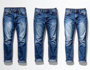 Realistic jeans mockup with detailed stitching, shadows, and washed denim texture, modern streetwear fit, flat lay and on-model options