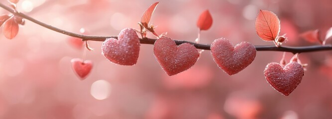 Romantic heart-shaped decorations hang delicately on branches with vibrant leaves in a soft, dreamy atmosphere