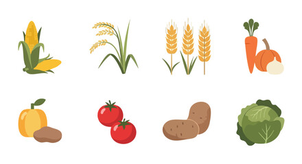 Flat Vector Set of Vegetables and Crops Including Corn, Rice, Wheat, Carrot, Pumpkin, Tomato, Potato, and Cabbage for Organic Farm and Agriculture Design