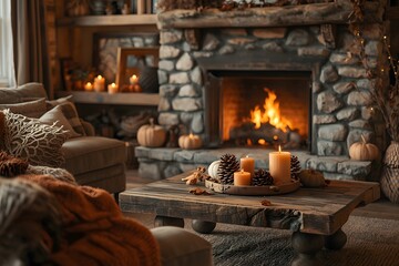 rustic living room interior with a large stone fireplace and warm cozy wooden accents
