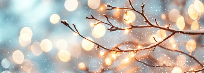 Romantic winter evening adorned with glowing lights and soft falling snow