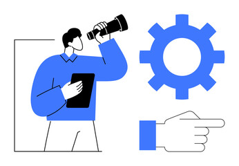 Man holding tablet and telescope exploring, gear indicating process or machinery, hand pointing suggest direction or focus. Ideal for innovation, leadership, strategy, exploration, guidance