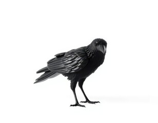 Obraz premium Realistic Decorative Black Raven or Crow on Bright White Studio Background for Halloween Mockup