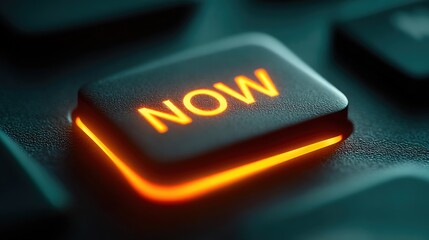 Close-up of glowing illuminated NOW key on keyboard representing urgency and instant action.