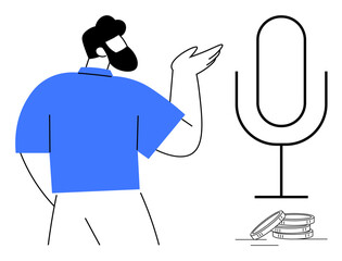 Man gesturing near a microphone and coins, connecting to podcasting topics. Ideal for media, storytelling, monetization, communication, technology, entrepreneurship and personal branding. Simple