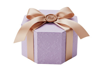Isolated hexagon gift box with satin ribbon and bow, decorative pattern on lavender surface