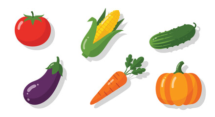 Flat Vector Illustration of Fresh Organic Vegetables Including Tomato, Corn, Cucumber, Carrot, Eggplant, and Pumpkin for Healthy Food and Farming Design