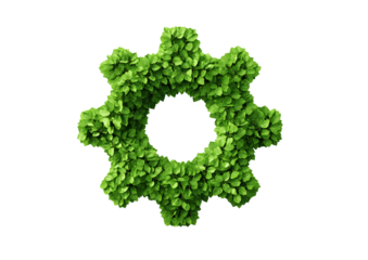 Vibrant abstract gear shape made of lush green leaves symbolizes nature and sustainability, representing eco friendliness and innovation in design
