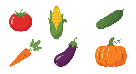 Flat Vector Illustration of Fresh Vegetables Including Tomato, Corn, Cucumber, Carrot, Eggplant, and Pumpkin for Organic Food, Farming, and Healthy Lifestyle Design