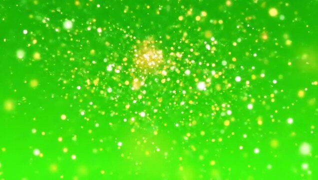 Magical glowing particles shimmer and dance against a vibrant green backdrop, evoking a sense of wonder and celebration.