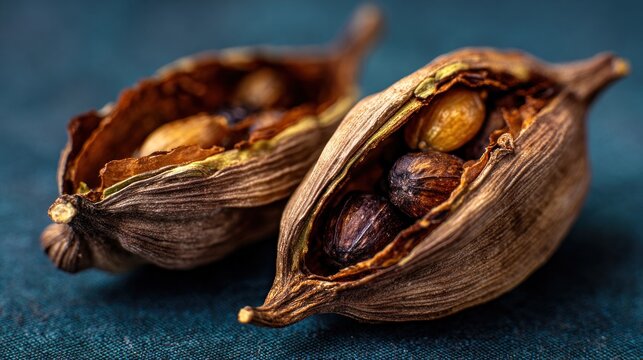 Cardamom pods open revealing seeds