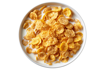 Cereal bowl with milk, showcasing delicious breakfast option. golden flakes are perfectly arranged, inviting satisfying start to day