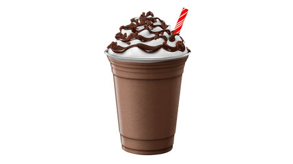 Delicious chocolate milkshake in takeaway cup topped with whipped cream and chocolate drizzle, perfect for casual snack or treat. Enjoy this delightful beverage anytime