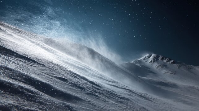 Wind blowing snow across a mountain slope at night under a starry sky. Winter landscape with snowstorm elements for weather forecast background.