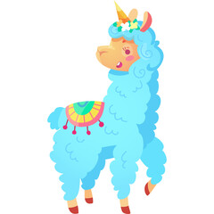 Whimsical Blue Llama With Unicorn Horn and Floral Crown Adorned with Colorful Saddle Blanket on Transparent Background Vector Art