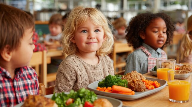 Schoolchildren eating lunch in cafeteria