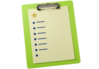 Isolated clipboard holding yellow paper sheet with bullet point checklist & golden star