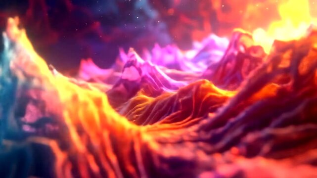 Abstract three dimensional peaks resembling illuminated ocean waves under cosmic light
