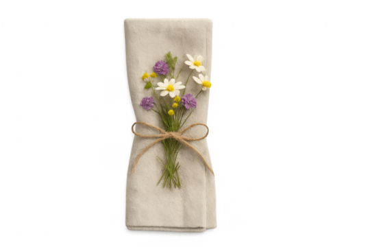 Linen napkin decorated with wildflowers and twine bow