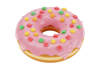 Isolated donut with pink frosting and colorful candies, baked dessert item, confectionary food