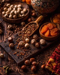 Assortment Of Spices, Nuts And Dried Fruits On Wooden Surface