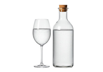 Isolated Still life of clear liquid beverage in a glass and bottle with cork closure