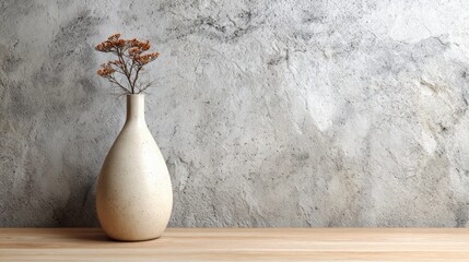 Simple vase with dried flowers sits on a wooden surface against a textured wall.