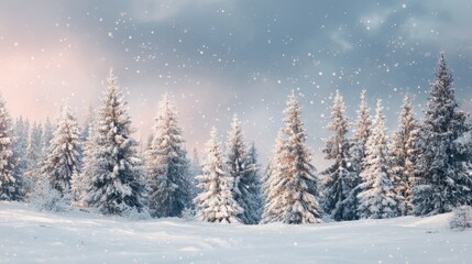 Fototapeta premium Winter forest with snow covered fir tree. Cold christmas season landscape with falling snow for christmas card.