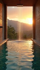 Fototapeta premium Outdoor shower by pool overlooking mountains during golden hour sunset. Water flows into calm basin reflecting warm light. Peaceful, luxurious resort escape.