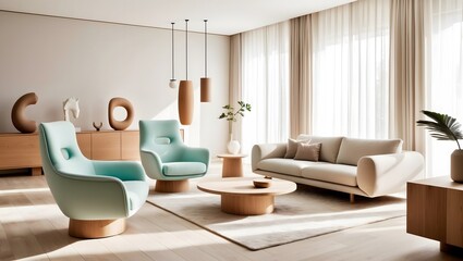 Contemporary Living Room with Wood and Soft Fabric. 