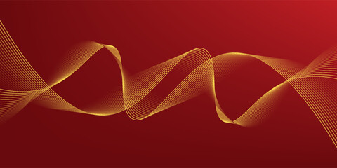 Abstract Red Background with Golden Wavy Lines, Vector Illustration.
